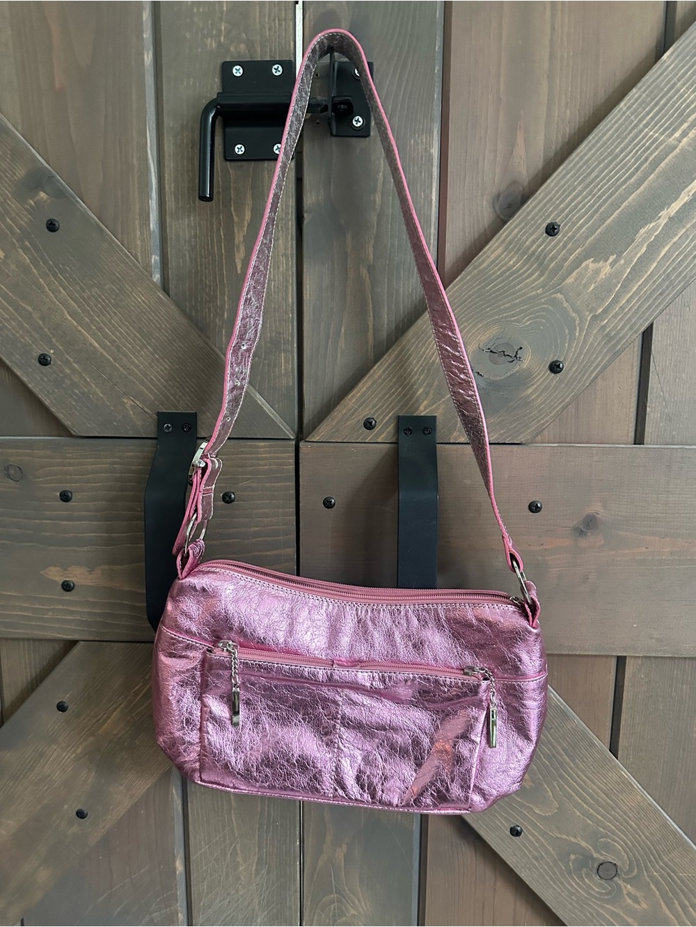 Metallic Pink Shoulder Bag with Front Zip Pocket